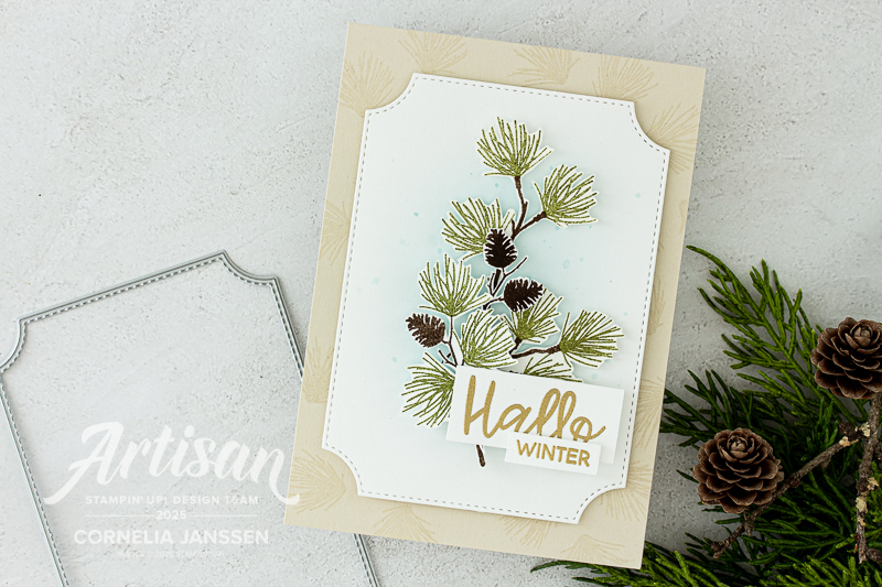 Selbst gemachte Weihnachtskarte mit dem Stempelset Bezaubernde Zweige mit ein paar Lärchenzweigen.