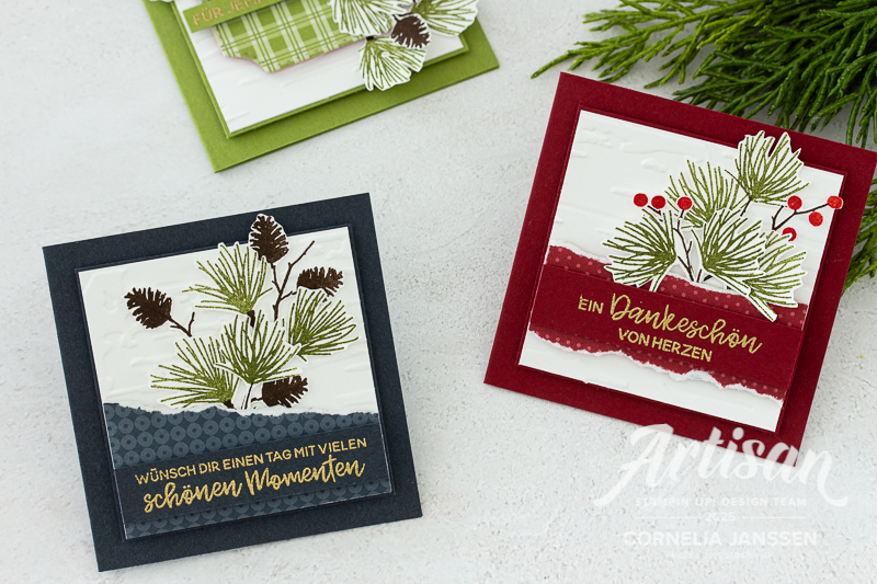 Minikarten mit dem Stempelset Bezaubernde Zweige von Stampin' Up! für Weihnachten kann man auch als Geschenkanhänger verwenden.