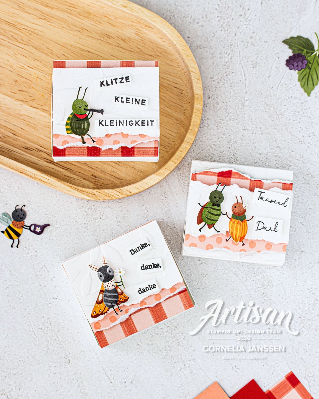 Neue InColor Farbe 2026-2028 Altrosé von Stampin' Up! mit dem Designerpapier Käfer & Co. auf einer Mini Ritter Sport Verpackung