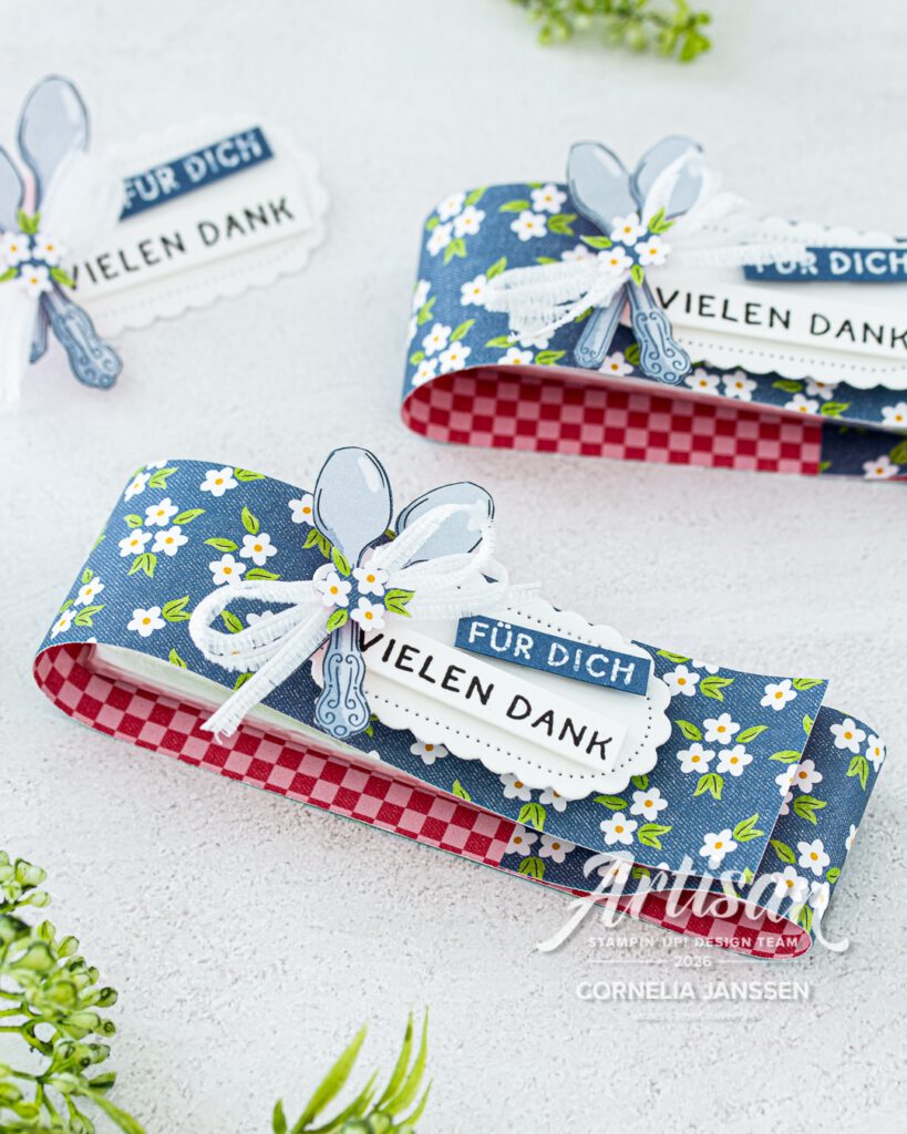 Kleine Aufmerksamkeit und DIY Mitbringsel schnell gebastelt aus einem Streifen Designerpapier Hausgemachtes Glück von Stampin' Up!