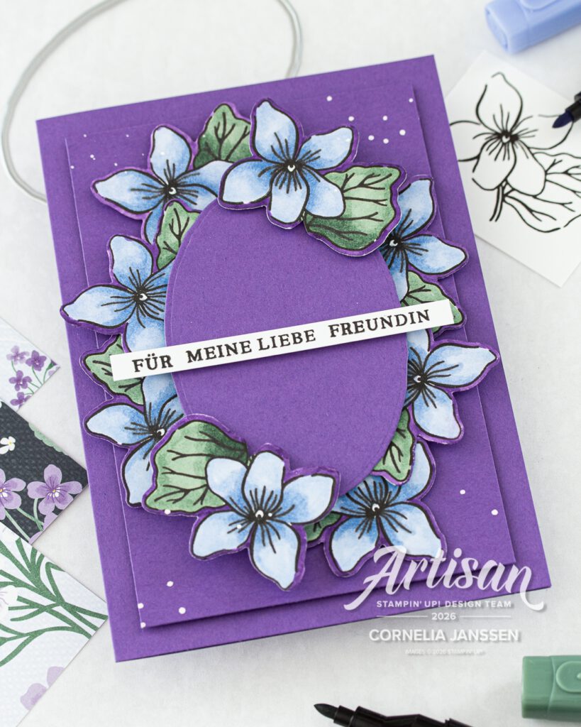 Karte mit Veilchen coloriert mit Stampin' Blends und dem Produktpaket gerahmte Veilchen von Stampin' Up!